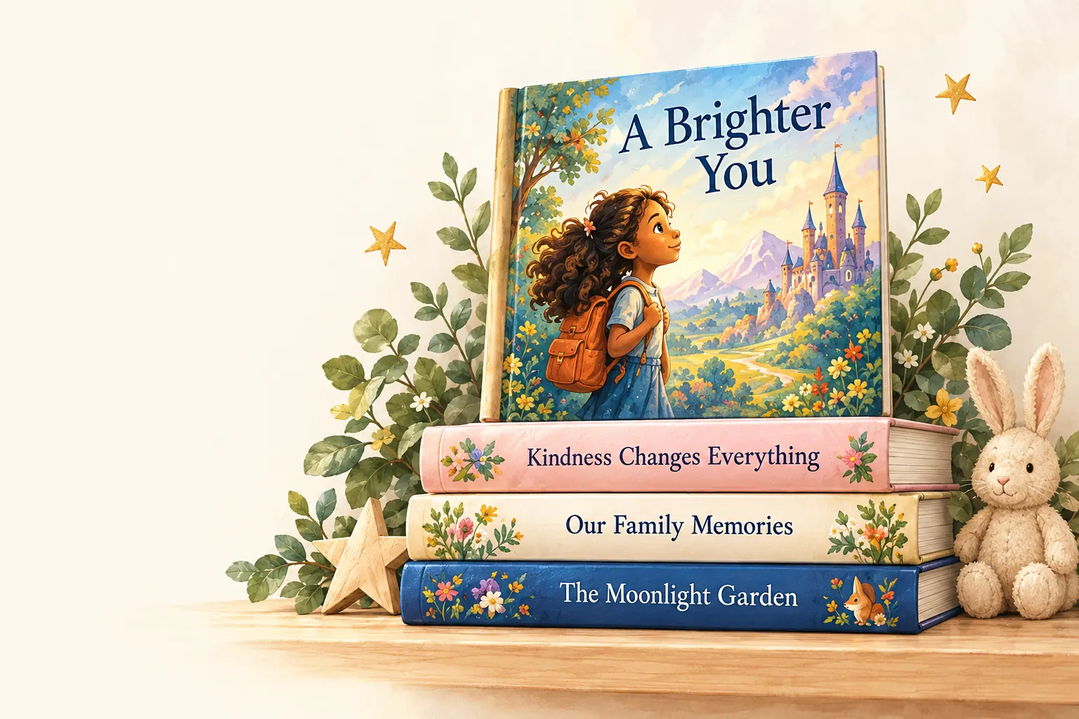 A picture book called A Brighter You stands on a stack of books titled Kindness Changes Everything, Our Family Memories and The Moonlight Garden.