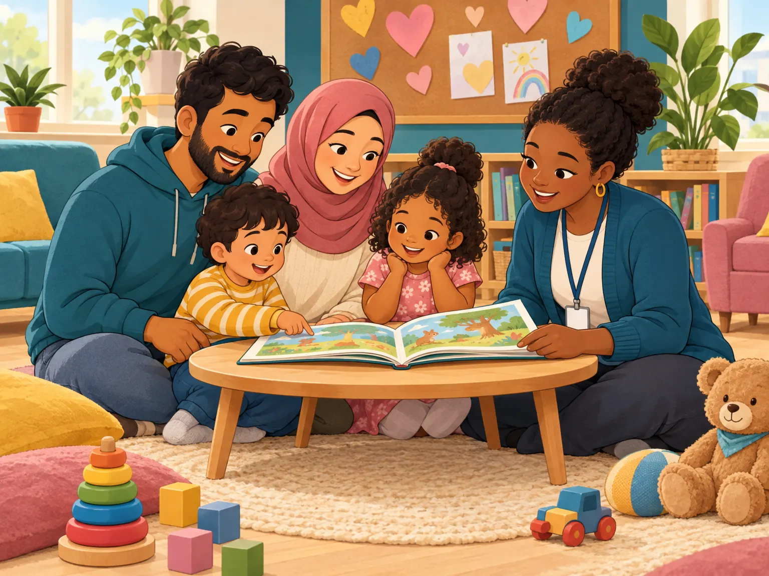 Cartoon illustration of parents, young children and a family worker sharing a picture book together.