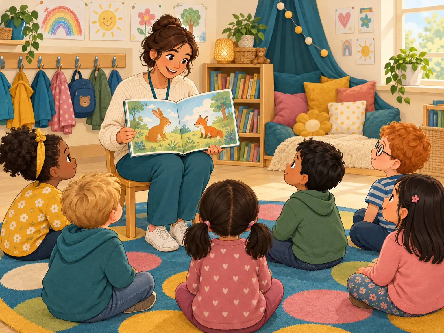 Cartoon illustration of a teacher reading a picture book to a group of young children on a colourful classroom rug.