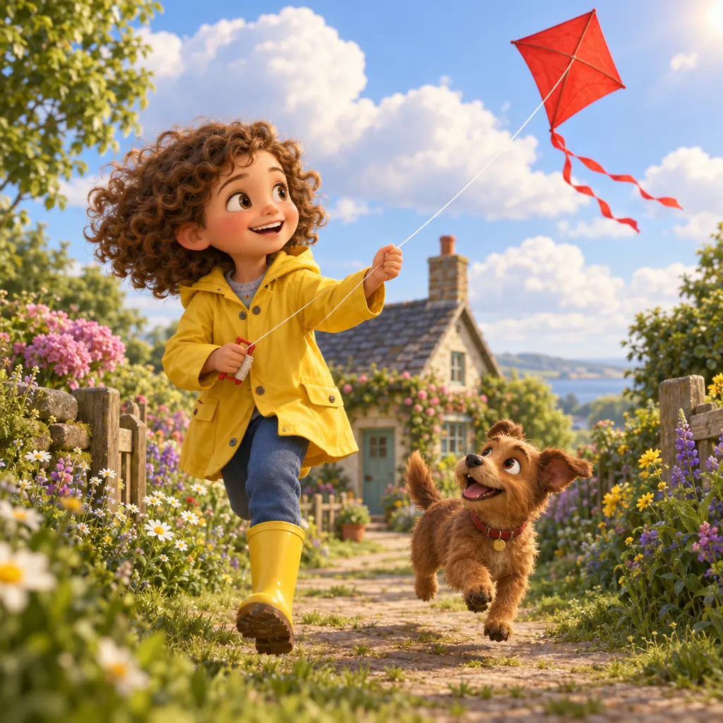 The 3d illustration style: a girl and her dog flying a kite