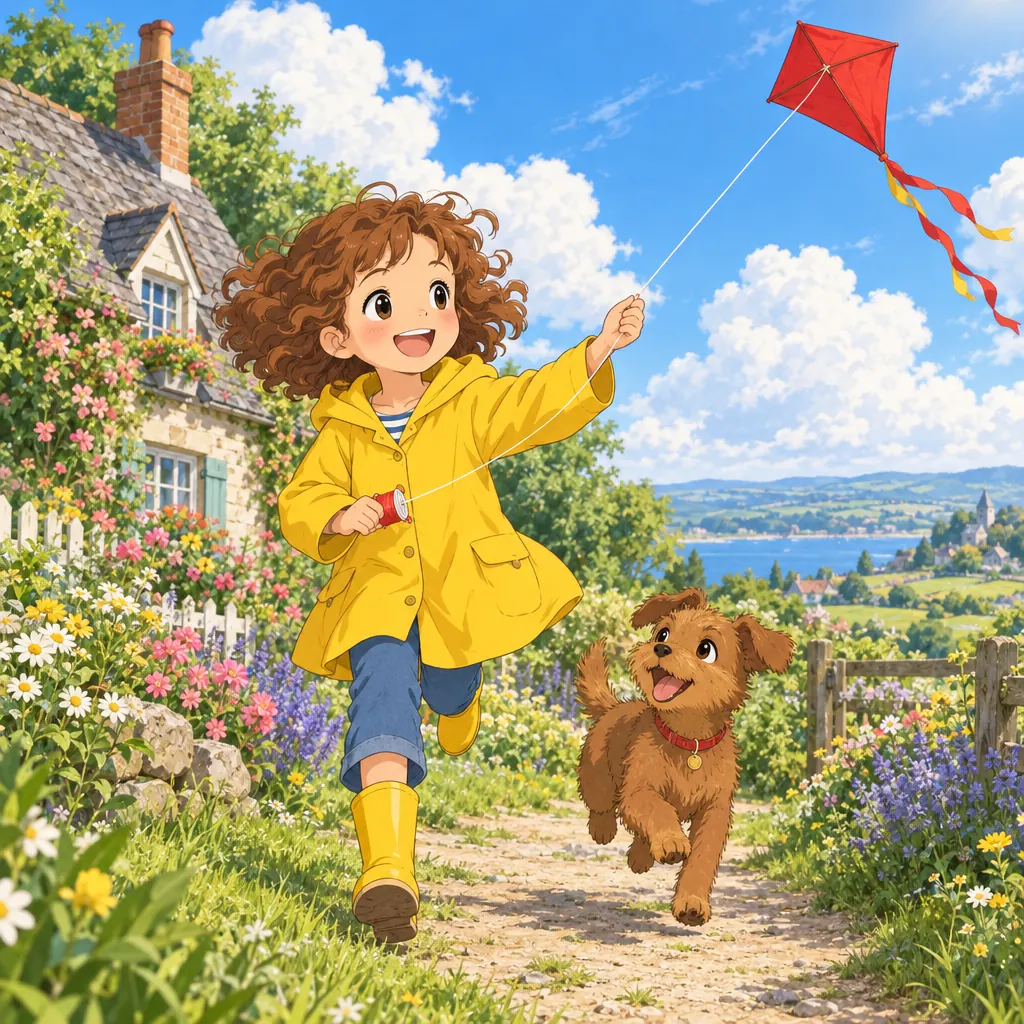 The anime illustration style: a girl and her dog flying a kite