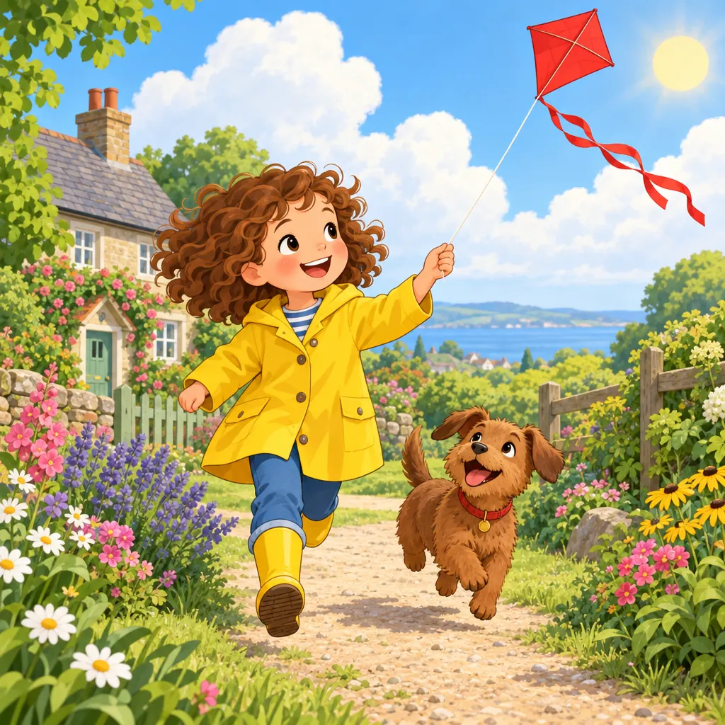 The cartoon illustration style: a girl and her dog flying a kite