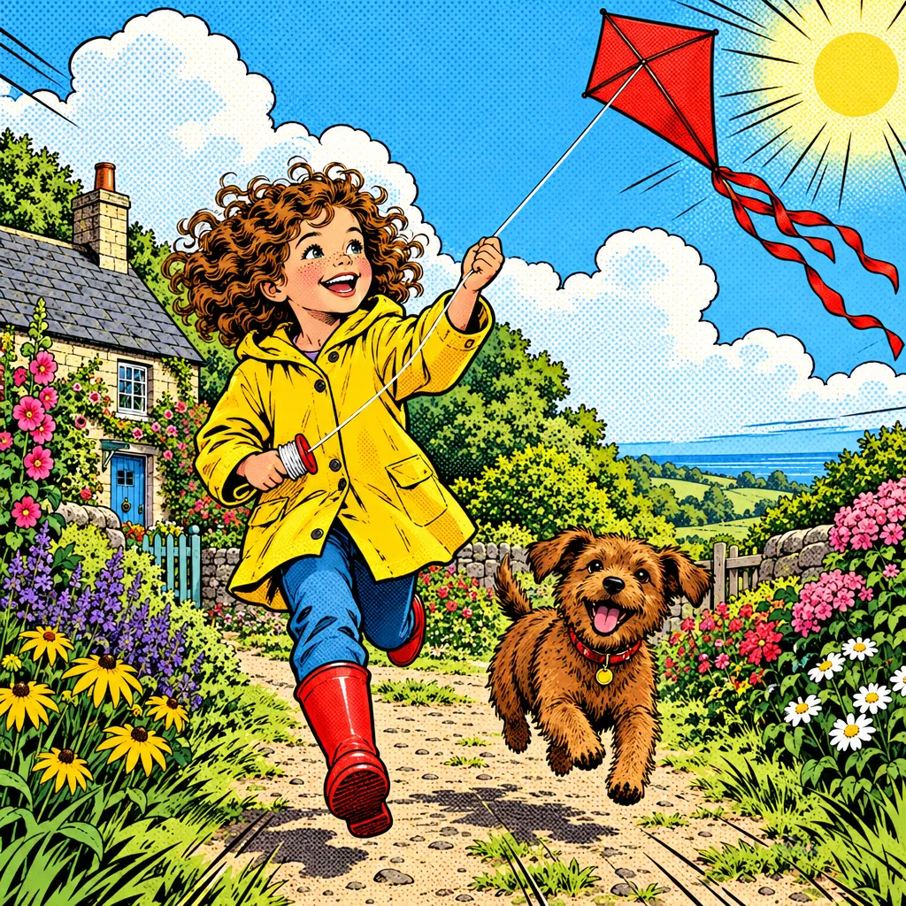 The comic illustration style: a girl and her dog flying a kite