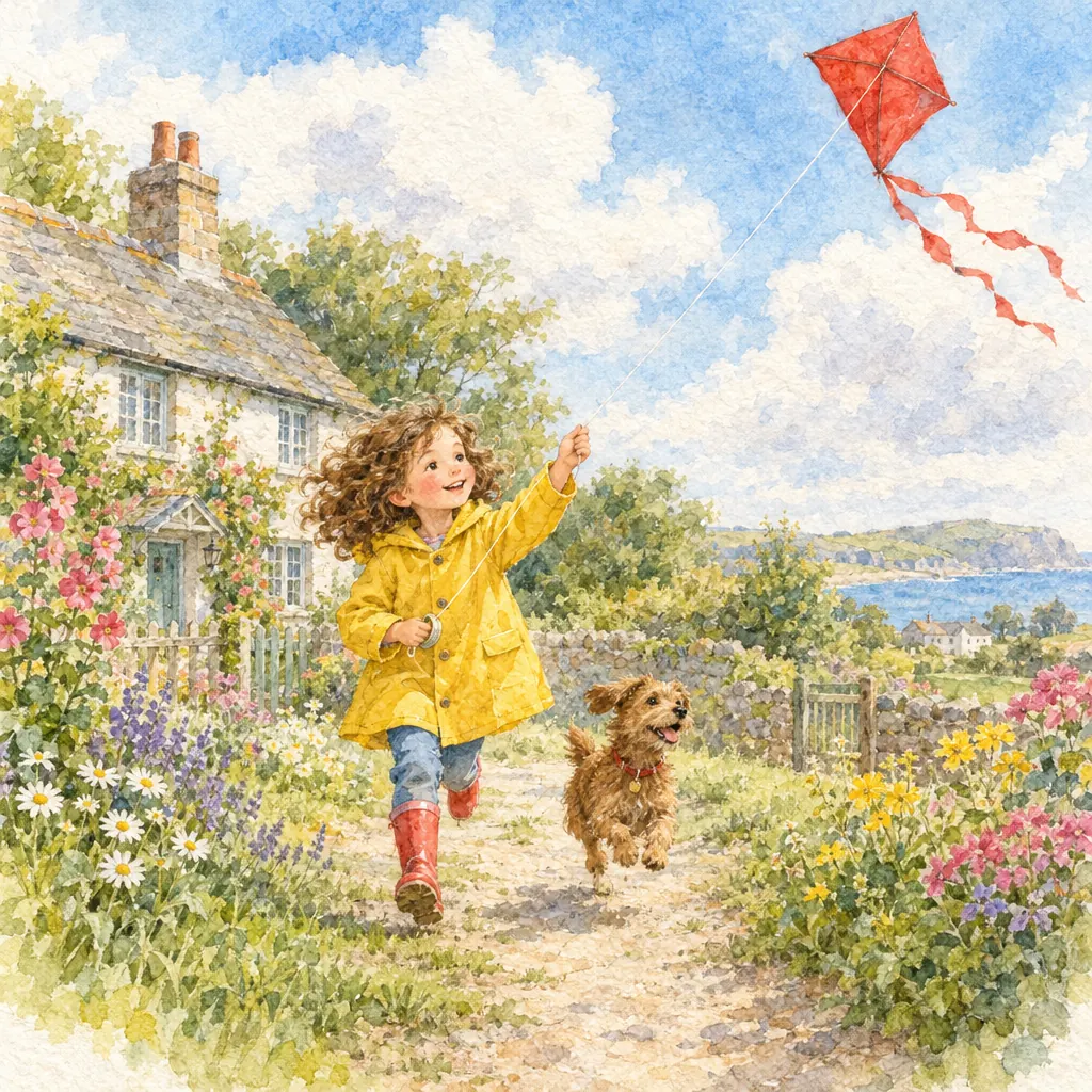 The watercolour illustration style: a girl and her dog flying a kite